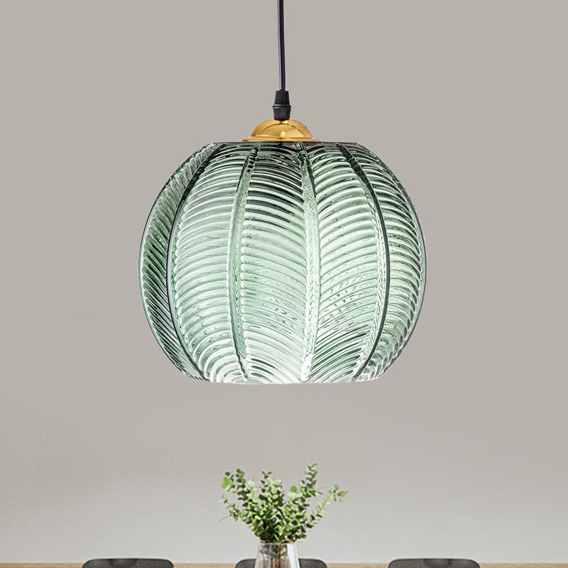 RetroStripe | Lampe Pendante en Verre Vert à Rayures – 1 Lumière | Suspension Pumpkin Dinette | Valuna