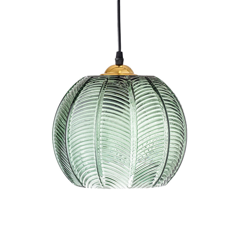 RetroStripe | Lampe Pendante en Verre Vert à Rayures – 1 Lumière | Suspension Pumpkin Dinette | Valuna