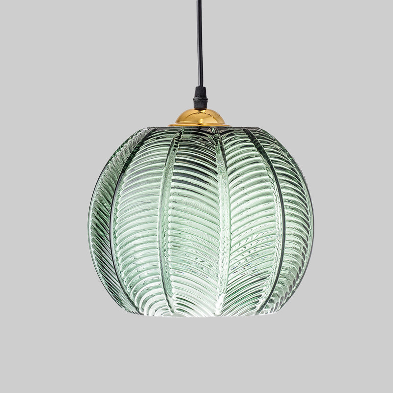 RetroStripe | Lampe Pendante en Verre Vert à Rayures – 1 Lumière | Suspension Pumpkin Dinette | Valuna