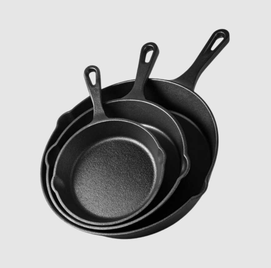 Set de 3 Poêles en Fonte Pré‑Assaisonnées | Idéal pour Tous Types de Cuisson | Valuna