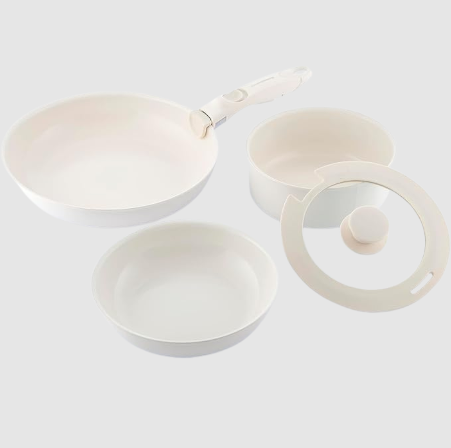 Ensemble de 5 Poêles avec Poignée Amovible | Ustensiles Empilables & Gain de Place | Valuna