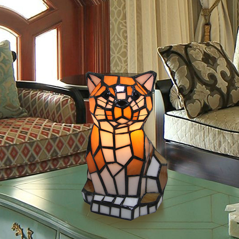 Lampe d'Accent Tiffany en Verre avec Motif de Chat Brun | Lampe de Table Colorée à 1 Lumière pour Table de Nuit | Valuna