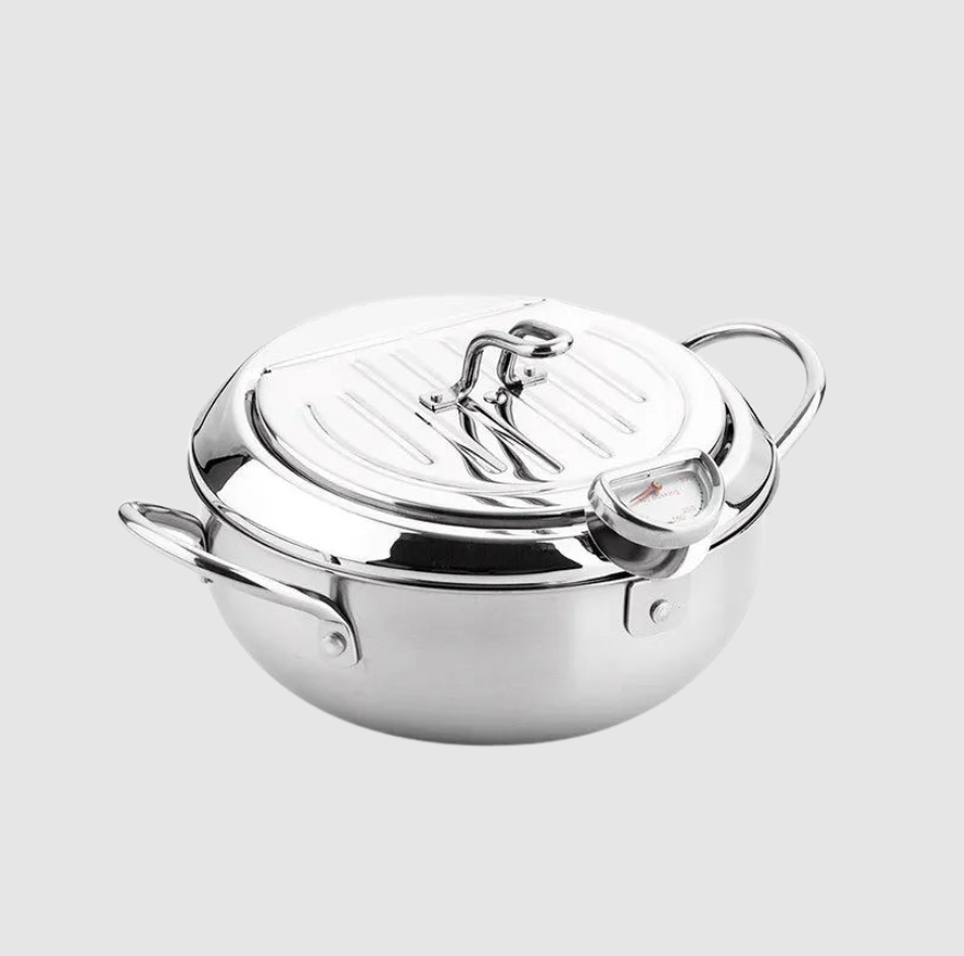 Friteuse Tempura Précise | Poêle en Acier Inoxydable 304 avec Couvercle & Thermomètre Intégré | Valuna