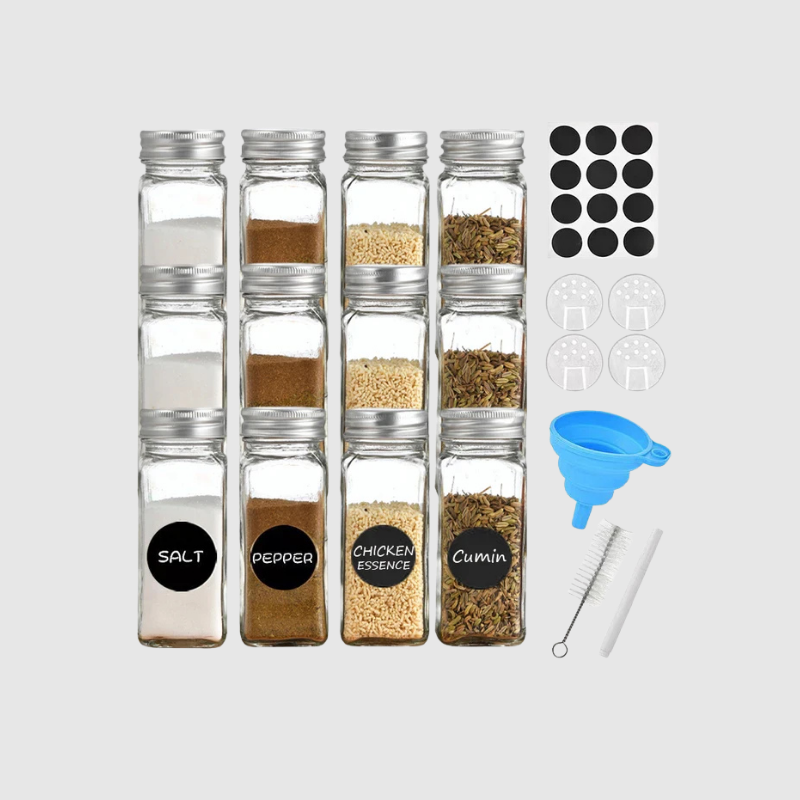 Ensemble de 12 Bocaux à Épices en Verre Petlit | Couvercles Bambou Carrés pour Cuisine | Valuna