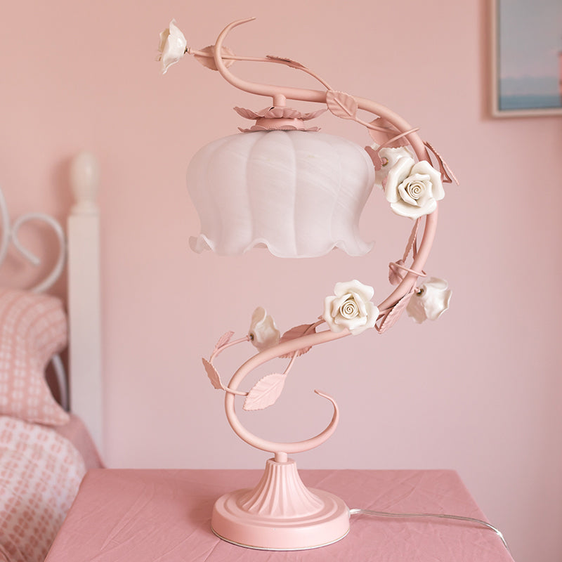 1 Lampe de Table Principale au Style Pastoral Avec Blanc | Fleur en Verre Pour Table de Nuit avec Rose en Céramique Pour Table de Chevet | Valuna