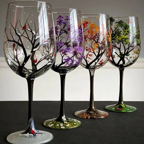 Quatre Saisons | Verres À Vin Peints À La Main Au Design Artistique Élégant | Valuna