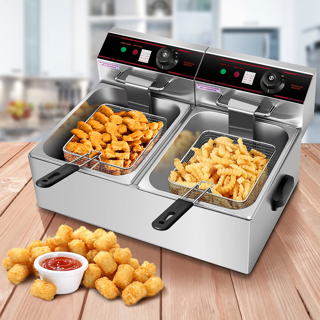 Friteuse Professionnelle 3400 W à Double Cuve | 12,8 QT en Acier Inoxydable | Valuna