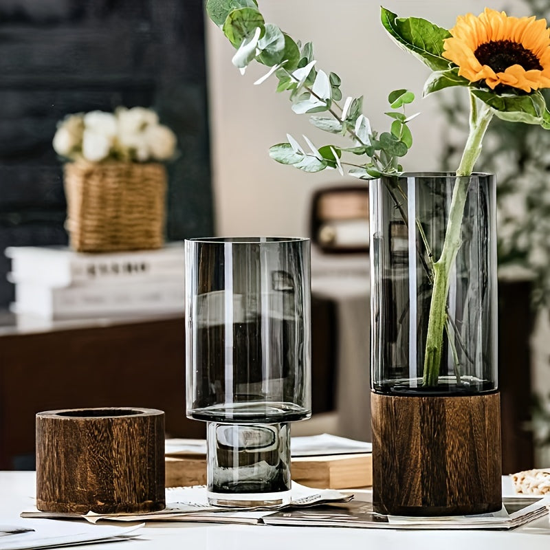 GlassWood Elegance | Vase En Verre De Luxe Avec Base En Bois – Design Élégant & Moderne | Valuna
