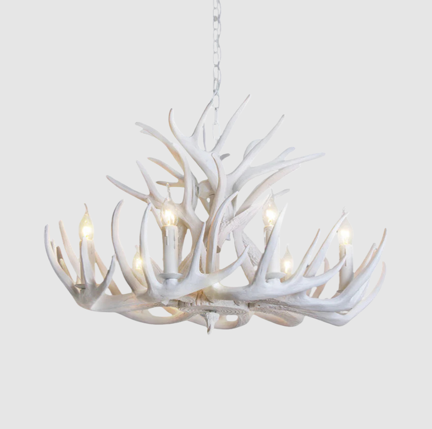 Couronne de Cerf Blanche Éclairage Rustique Résine | 21.5"/25.5"/27.5" Largeur 9/12 Ampoules Lustre de Salle | Valuna
