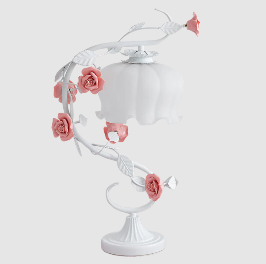 1 Lampe de Table Principale au Style Pastoral Avec Blanc | Fleur en Verre Pour Table de Nuit avec Rose en Céramique Pour Table de Chevet | Valuna