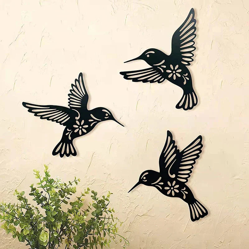 Art Mural En Métal 3 Pièces Motif Colibri Noir - Valuna
