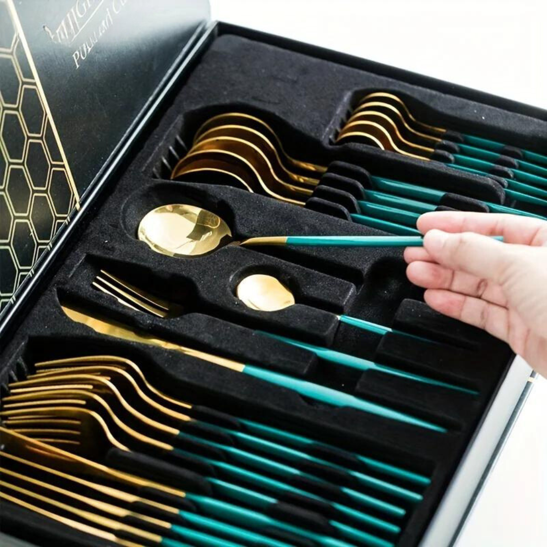 LuxuryCut | Ensemble De Couverts 24 Pièces En Acier Inoxydable Doré – Couteaux, Fourchettes Et Cuillères | Valuna
