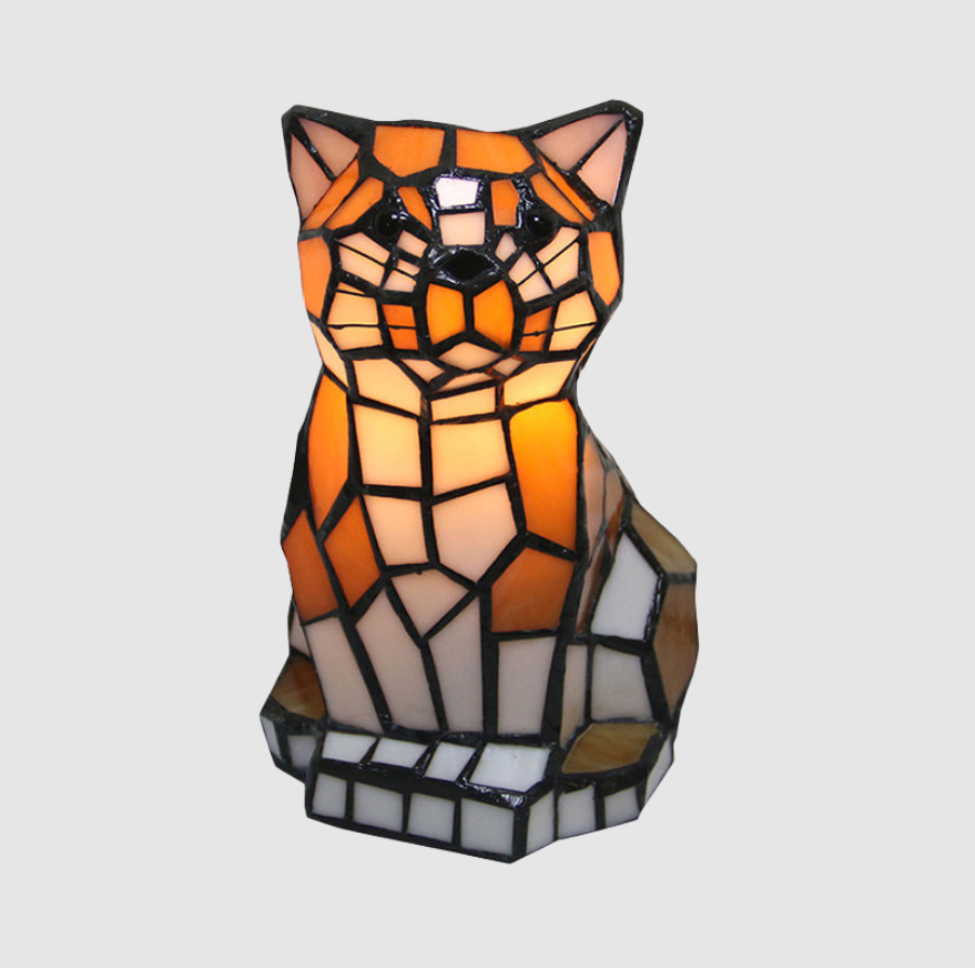 Lampe d'Accent Tiffany en Verre avec Motif de Chat Brun | Lampe de Table Colorée à 1 Lumière pour Table de Nuit | Valuna