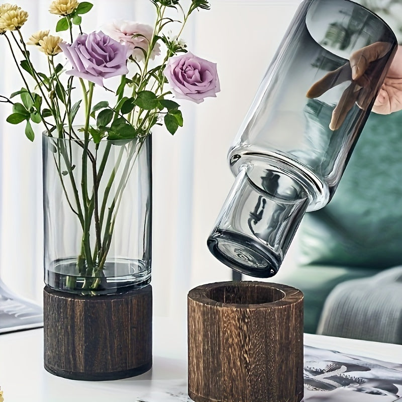 GlassWood Elegance | Vase En Verre De Luxe Avec Base En Bois – Design Élégant & Moderne | Valuna