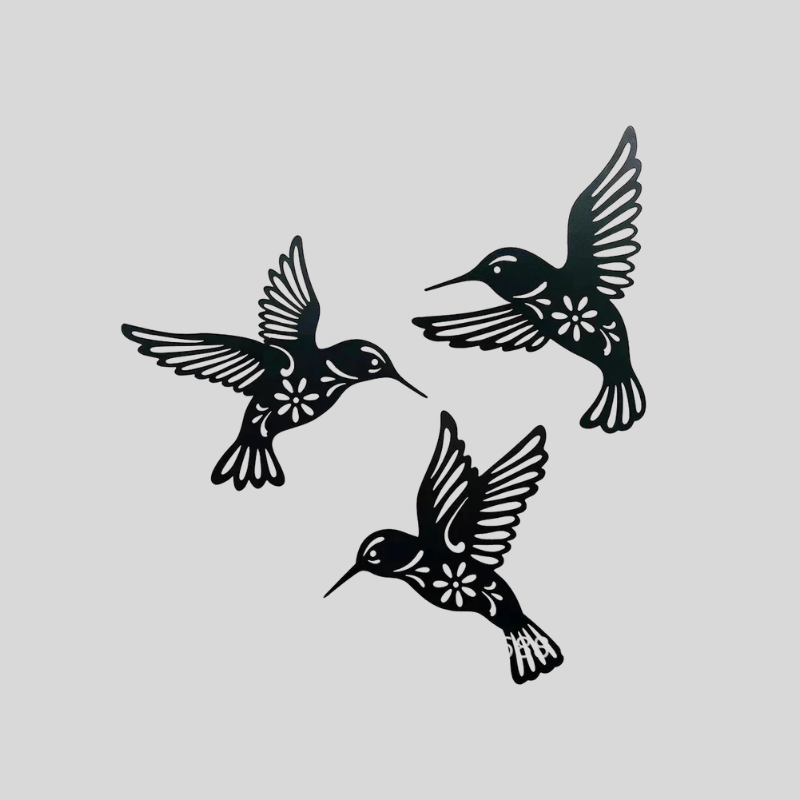 Art Mural En Métal 3 Pièces Motif Colibri Noir - Valuna