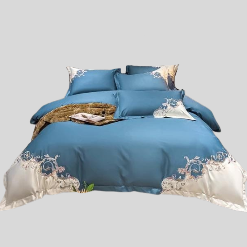 Ensemble De Housses De Couette Bleu À Motifs Blancs En Coton Égyptien - Valuna