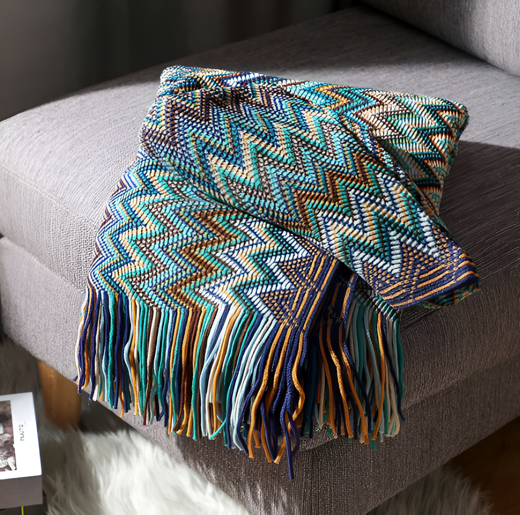 AcrylZagPlaid | Couverture en Polaire Boho Légère – Tricotée à la Main avec Pompons | Valuna