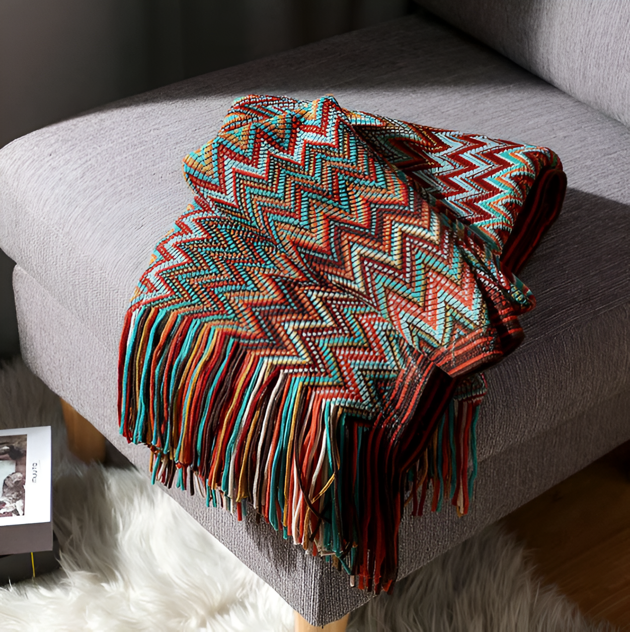 AcrylZagPlaid | Couverture en Polaire Boho Légère – Tricotée à la Main avec Pompons | Valuna