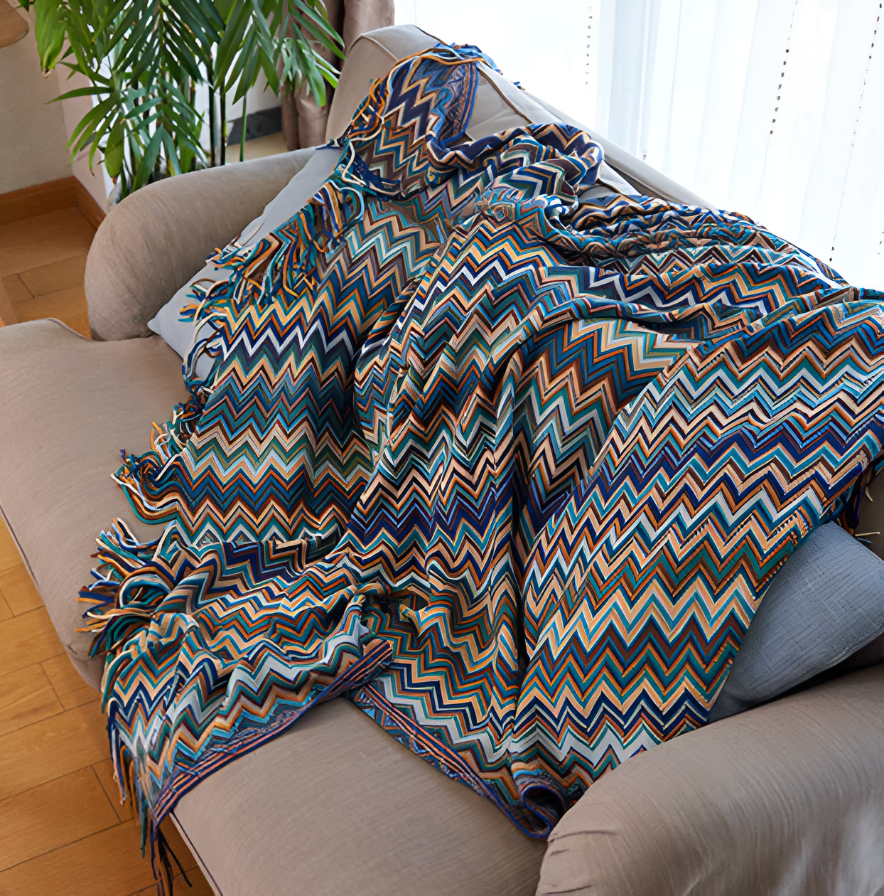 AcrylZagPlaid | Couverture en Polaire Boho Légère – Tricotée à la Main avec Pompons | Valuna