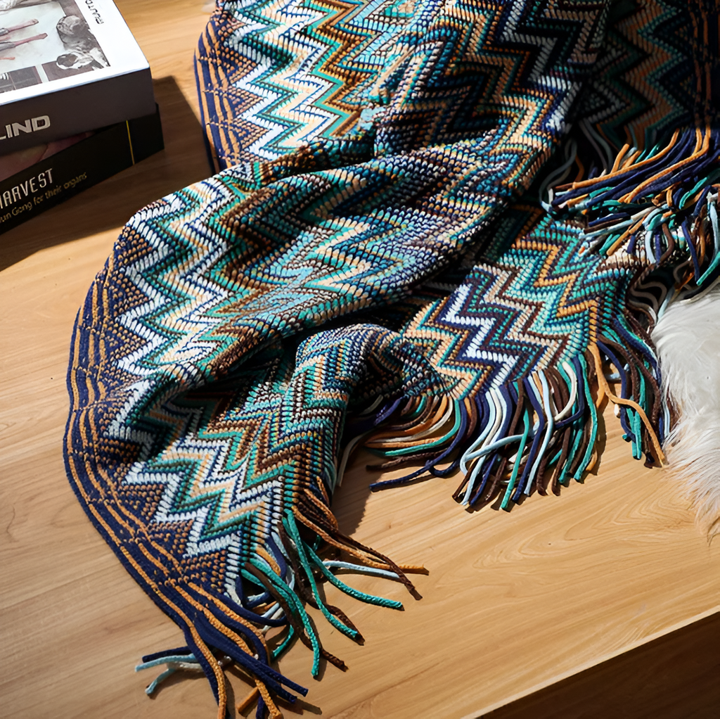 AcrylZagPlaid | Couverture en Polaire Boho Légère – Tricotée à la Main avec Pompons | Valuna