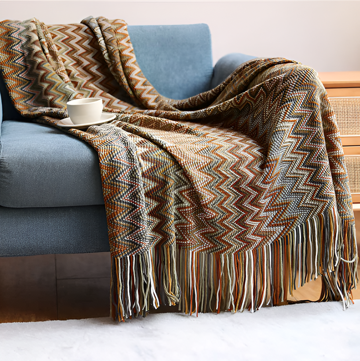 AcrylZagPlaid | Couverture en Polaire Boho Légère – Tricotée à la Main avec Pompons | Valuna