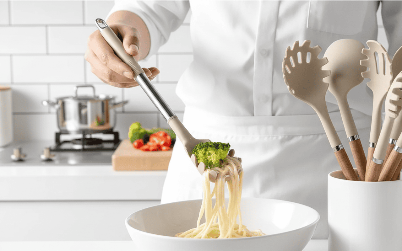 KitchLux | Ensemble D’Ustensiles De Cuisine Imitation Bois Avec Pointes En Silicone Souple | Valuna