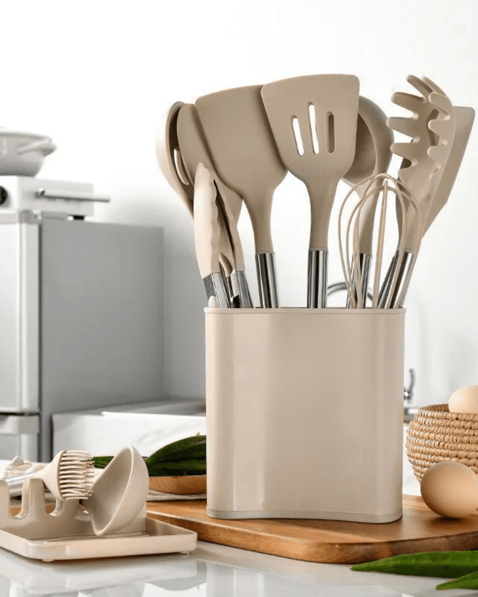 KitchLux | Ensemble D’Ustensiles De Cuisine Imitation Bois Avec Pointes En Silicone Souple | Valuna