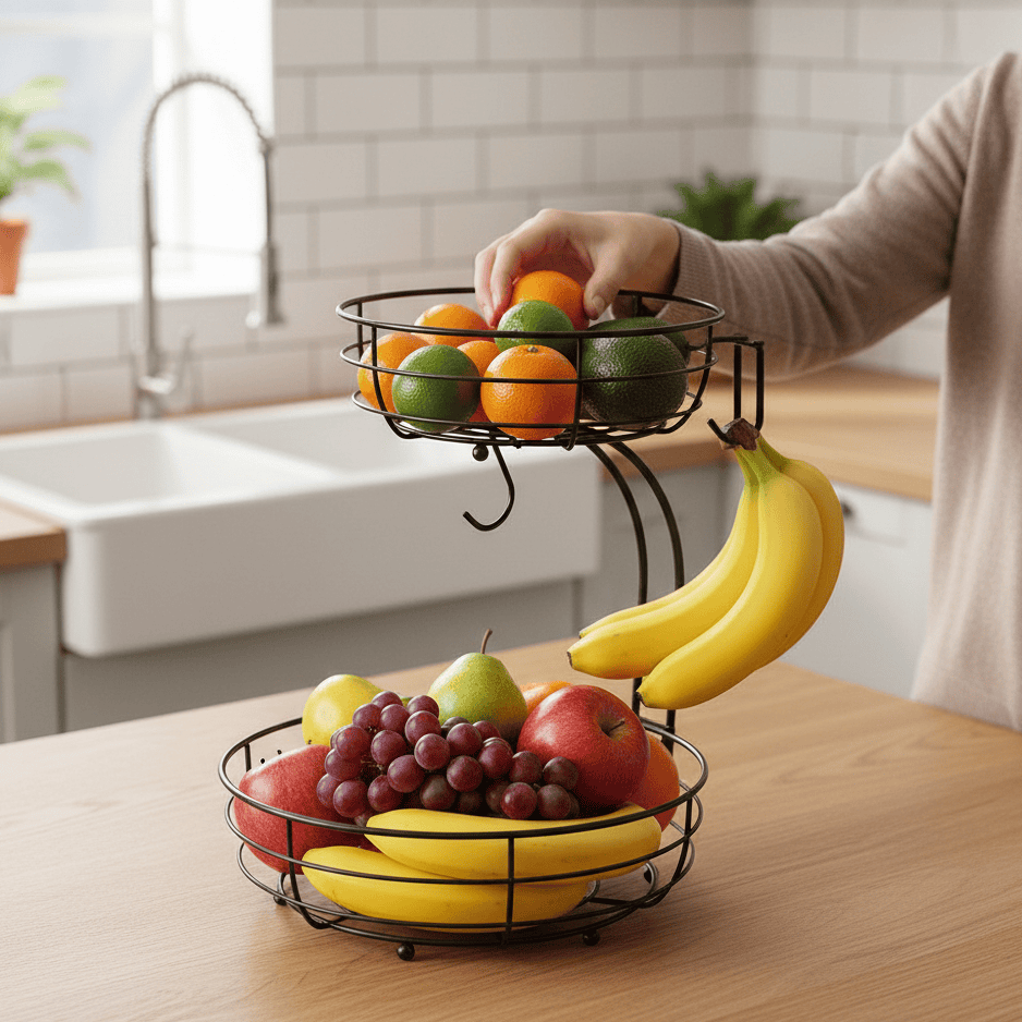 Nordiva | Support À Fruits À 2 Étagères Avec Porte-Bananes Design Scandinave | Valuna