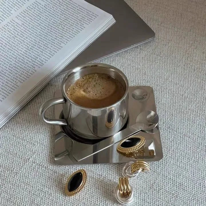 Tasse à Café en Acier Inoxydable et Plateau | Vaisselle Moderne Pour La Maison et le Bureau | Valuna