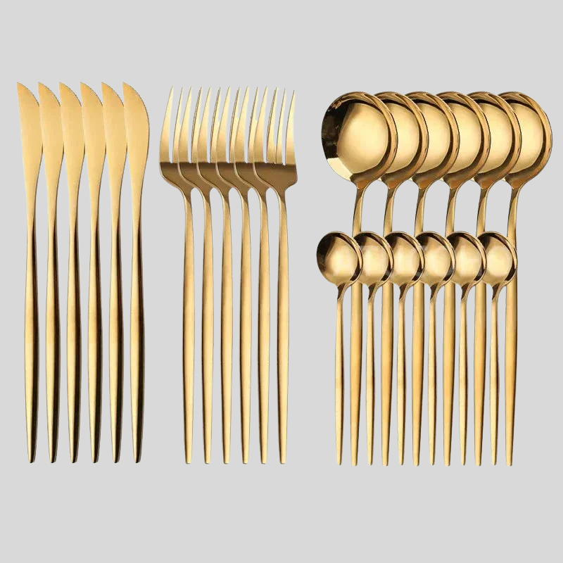 LuxuryCut | Ensemble De Couverts 24 Pièces En Acier Inoxydable Doré – Couteaux, Fourchettes Et Cuillères | Valuna