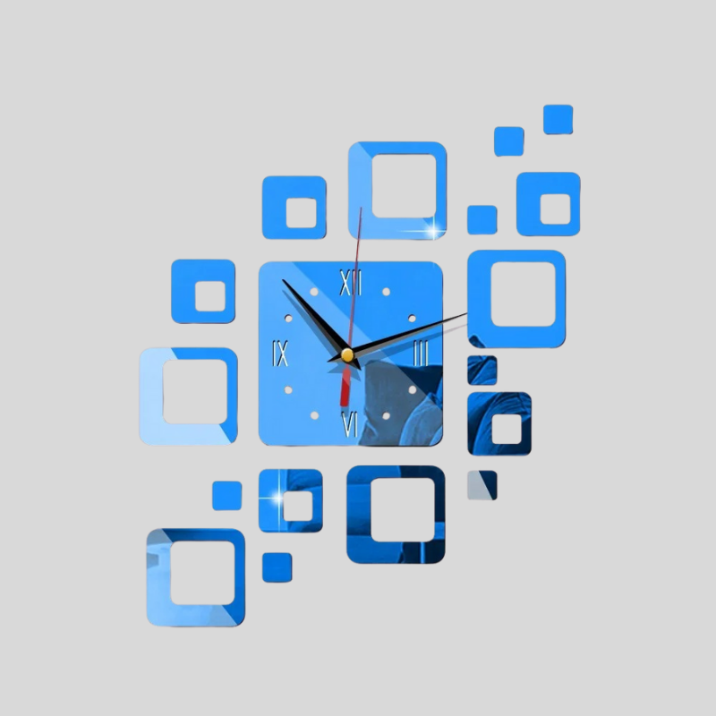 MirrorTick | Horloge Murale 3D Miroir Bleue – Design Créatif Carré en Acrylique | Valuna