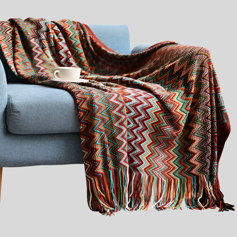 AcrylZagPlaid | Couverture en Polaire Boho Légère – Tricotée à la Main avec Pompons | Valuna