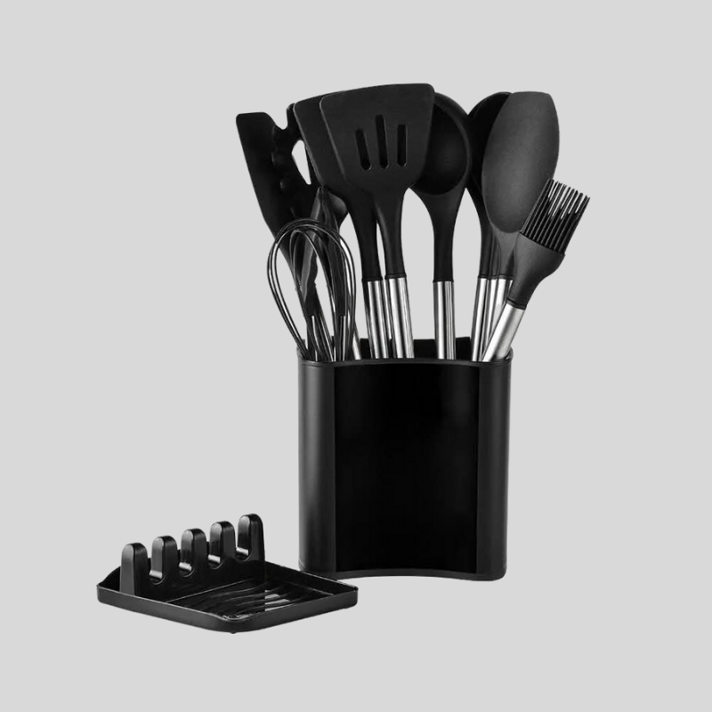 KitchLux | Ensemble D’Ustensiles De Cuisine Imitation Bois Avec Pointes En Silicone Souple | Valuna