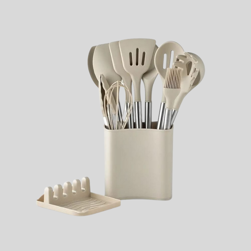 KitchLux | Ensemble D’Ustensiles De Cuisine Imitation Bois Avec Pointes En Silicone Souple | Valuna