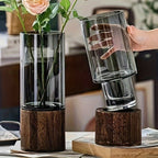 GlassWood Elegance | Vase En Verre De Luxe Avec Base En Bois – Design Élégant & Moderne | Valuna