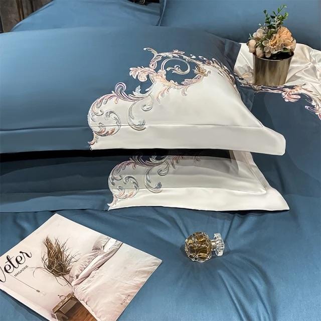 Ensemble De Housses De Couette Bleu À Motifs Blancs En Coton Égyptien - Valuna