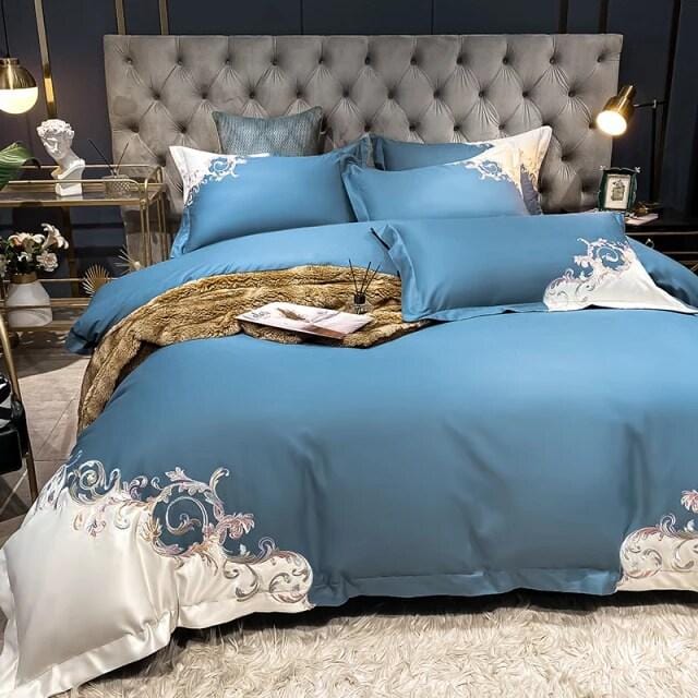 Ensemble De Housses De Couette Bleu À Motifs Blancs En Coton Égyptien - Valuna