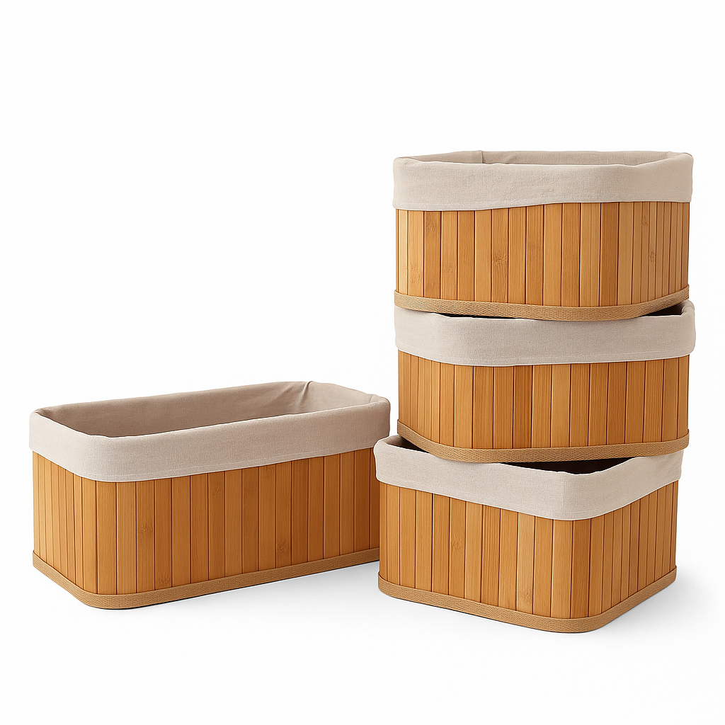 Ensemble de 4 Paniers en Bambou avec Doublure en Coton Amovible - Valuna