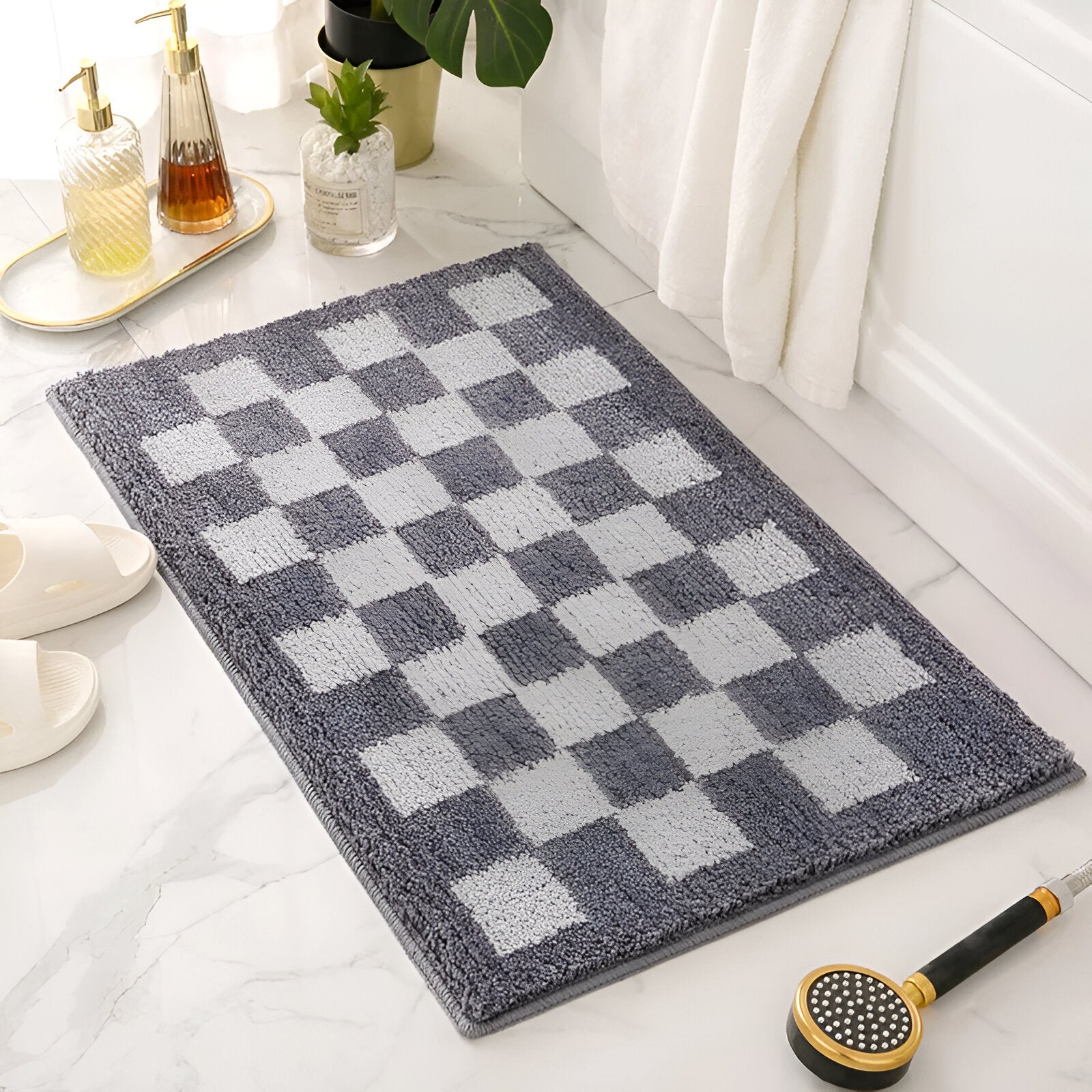 Tapis De Bain En Peluche À Carreaux Doux | Valuna