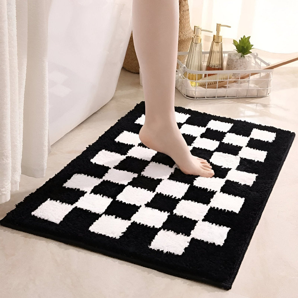 Tapis De Bain En Peluche À Carreaux Doux | Valuna